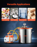 VEVOR 18,93 l vakuuma kamera ar vakuuma sūkni, vienpakāpes vakuuma sūknis 99 l/min, nerūsējošā tērauda degazēšanas kameras komplekts ar rūdīta stikla vāku un 1,5 m šļūteni, paredzēts koksnes stabilizēšanai un silikona sveķu degazēšanai