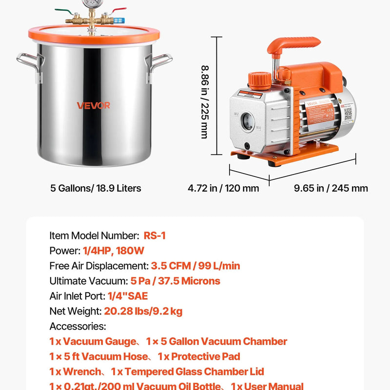 VEVOR 18,93 l vakuuma kamera ar vakuuma sūkni, vienpakāpes vakuuma sūknis 99 l/min, nerūsējošā tērauda degazēšanas kameras komplekts ar rūdīta stikla vāku un 1,5 m šļūteni, paredzēts koksnes stabilizēšanai un silikona sveķu degazēšanai