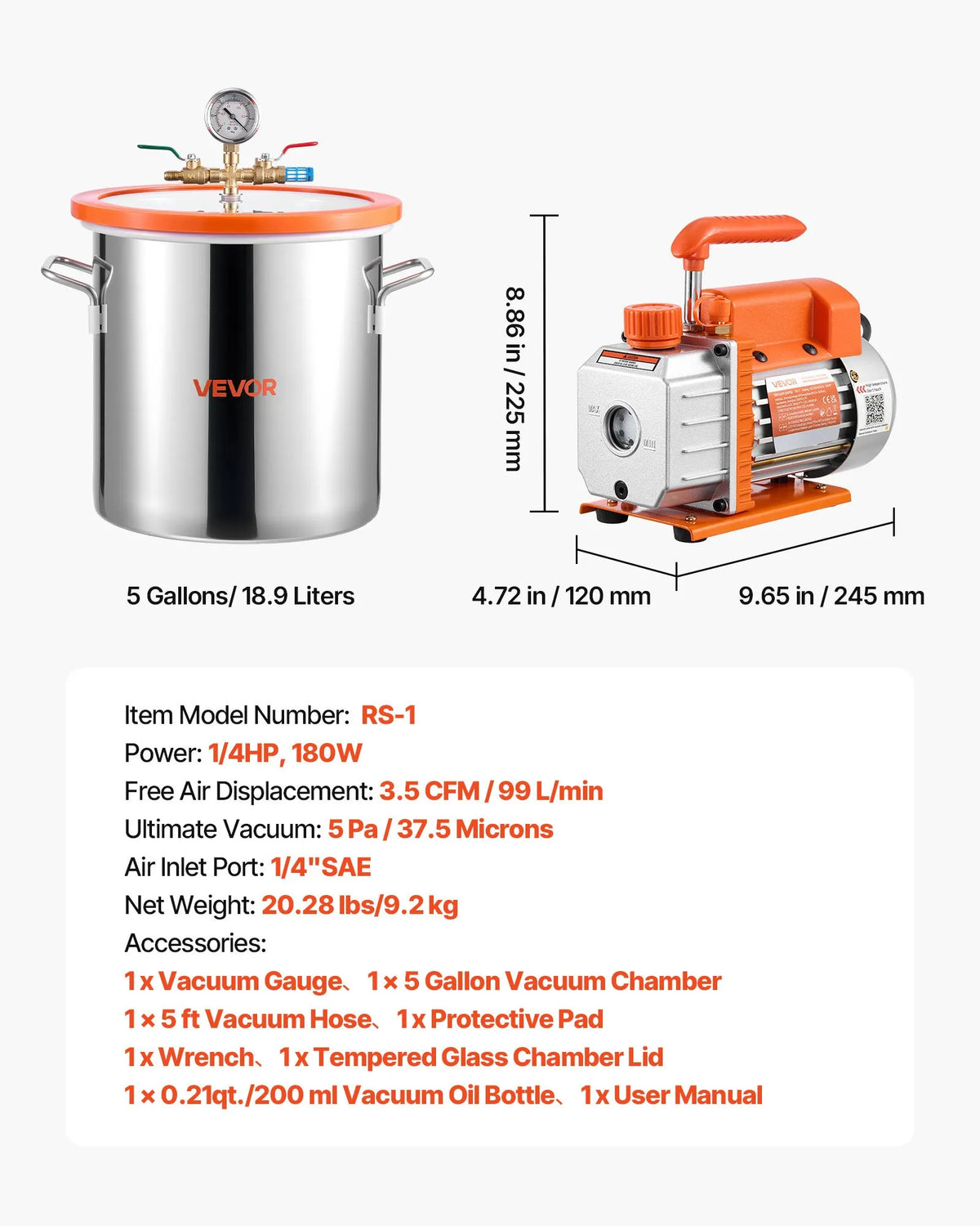 VEVOR 18.93 L Vacuum Chamber with Vacuum Pump, Single-Stage Vacuum Pump 99 L/min, Stainless Steel Degassing Chamber Kit with Tempered Glass Lid and 1.5 m Hose, for Wood Stabilisation and Silicone Resin Degassing