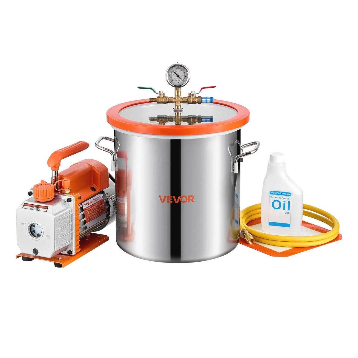 VEVOR 11.36 l Vacuum Chamber with Pump, 99 l/min Single-Stage Vacuum Pump, Stainless Steel Degassing Chamber Kit with Tempered Glass Lid, 1.5 m Hose, for Wood Stabilisation and Silicone Resin Degassing