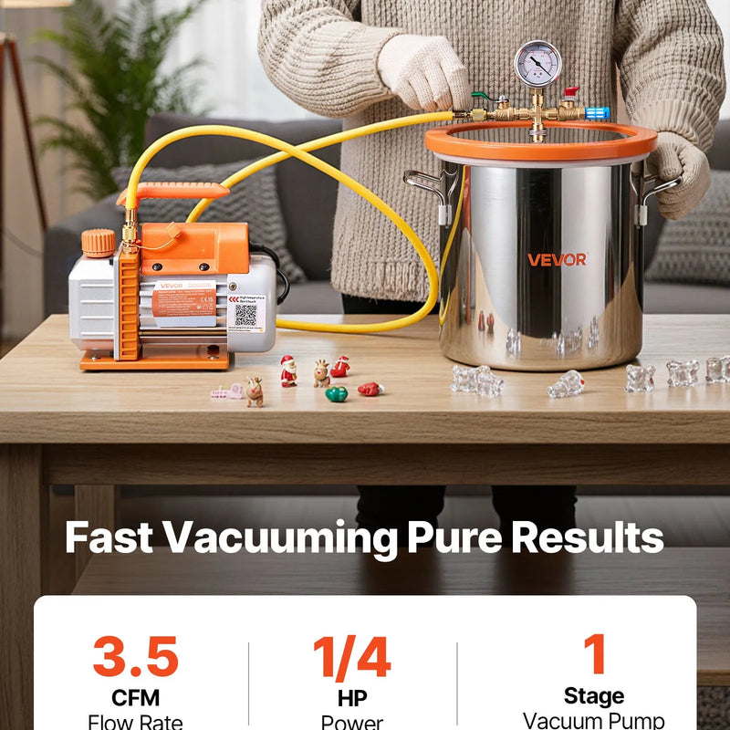 VEVOR 11,36 l vakuuma kamera ar sūkni, 99 l/min vienpakāpes vakuuma sūknis, nerūsējošā tērauda degazēšanas kameras komplekts ar rūdīta stikla vāku, 1,5 m šļūtene, paredzēta koksnes stabilizēšanai un silikona sveķu degazēšanai.