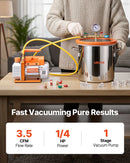 VEVOR 11,36 l vakuuma kamera ar sūkni, 99 l/min vienpakāpes vakuuma sūknis, nerūsējošā tērauda degazēšanas kameras komplekts ar rūdīta stikla vāku, 1,5 m šļūtene, paredzēta koksnes stabilizēšanai un silikona sveķu degazēšanai.