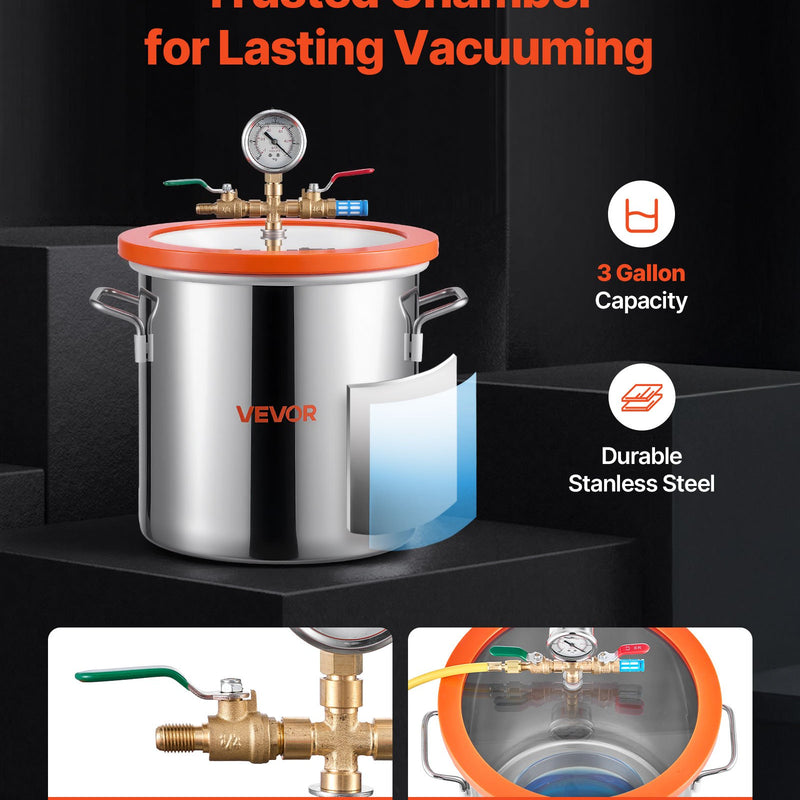 VEVOR 11,36 l vakuuma kamera ar sūkni, 99 l/min vienpakāpes vakuuma sūknis, nerūsējošā tērauda degazēšanas kameras komplekts ar rūdīta stikla vāku, 1,5 m šļūtene, paredzēta koksnes stabilizēšanai un silikona sveķu degazēšanai.