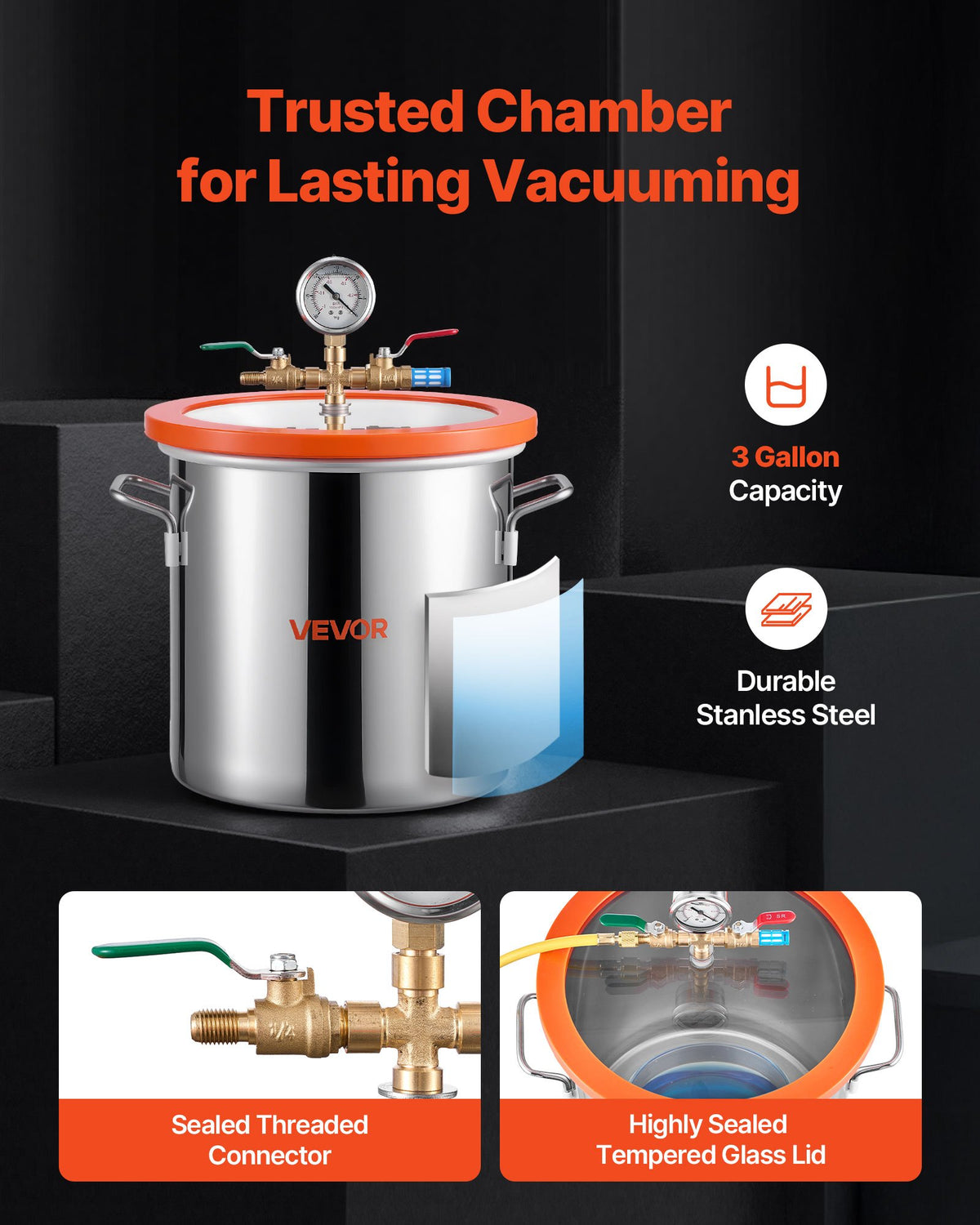 VEVOR 11.36 l Vacuum Chamber with Pump, 99 l/min Single-Stage Vacuum Pump, Stainless Steel Degassing Chamber Kit with Tempered Glass Lid, 1.5 m Hose, for Wood Stabilisation and Silicone Resin Degassing