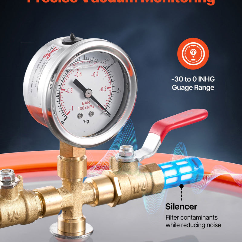 VEVOR 11,36 l vakuuma kamera ar sūkni, 99 l/min vienpakāpes vakuuma sūknis, nerūsējošā tērauda degazēšanas kameras komplekts ar rūdīta stikla vāku, 1,5 m šļūtene, paredzēta koksnes stabilizēšanai un silikona sveķu degazēšanai.