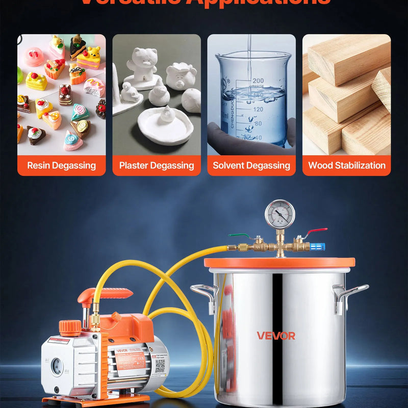 VEVOR 11,36 l vakuuma kamera ar sūkni, 99 l/min vienpakāpes vakuuma sūknis, nerūsējošā tērauda degazēšanas kameras komplekts ar rūdīta stikla vāku, 1,5 m šļūtene, paredzēta koksnes stabilizēšanai un silikona sveķu degazēšanai.