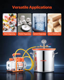 VEVOR 11,36 l vakuuma kamera ar sūkni, 99 l/min vienpakāpes vakuuma sūknis, nerūsējošā tērauda degazēšanas kameras komplekts ar rūdīta stikla vāku, 1,5 m šļūtene, paredzēta koksnes stabilizēšanai un silikona sveķu degazēšanai.