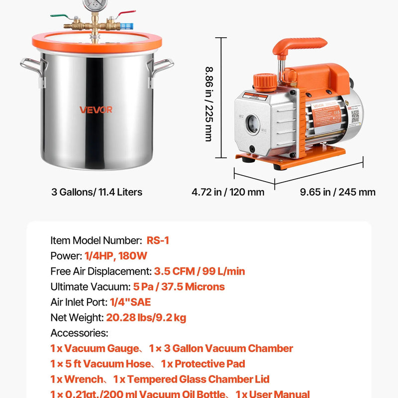 VEVOR 11,36 l vakuuma kamera ar sūkni, 99 l/min vienpakāpes vakuuma sūknis, nerūsējošā tērauda degazēšanas kameras komplekts ar rūdīta stikla vāku, 1,5 m šļūtene, paredzēta koksnes stabilizēšanai un silikona sveķu degazēšanai.
