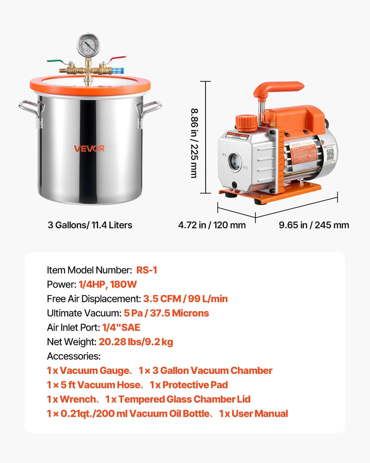 VEVOR 11.36 l Vacuum Chamber with Pump, 99 l/min Single-Stage Vacuum Pump, Stainless Steel Degassing Chamber Kit with Tempered Glass Lid, 1.5 m Hose, for Wood Stabilisation and Silicone Resin Degassing