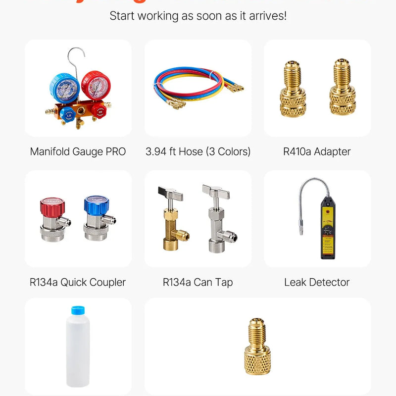 VEVOR vienpakāpes HVAC vakuuma sūknis ar manometru komplektu 267 l/min, rotācijas lāpstiņu konstrukcija, ar noplūžu noteikšanas šļūtenēm, piemērots R134a, R12, R22, R502A, R410A, R404 un R407C