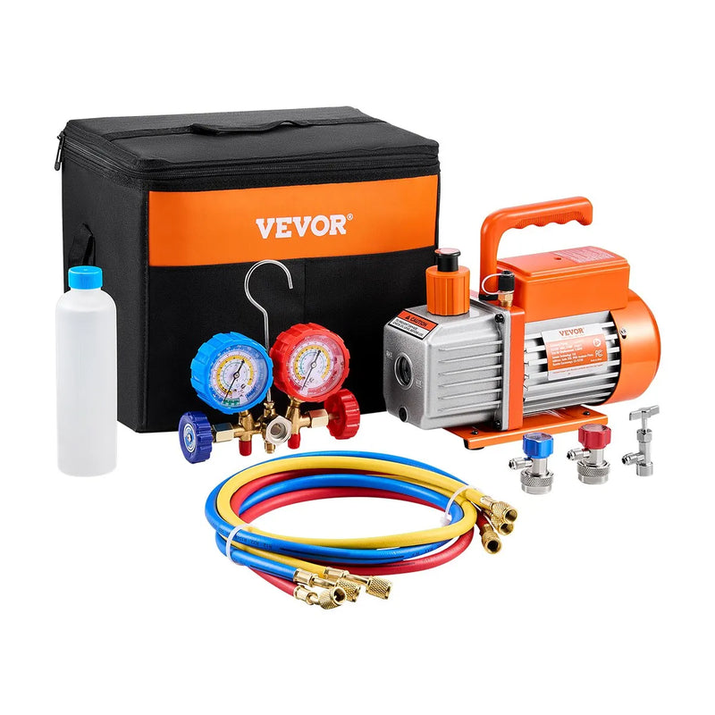 VEVOR vakuumsūknis 217 l/min ar manometru komplektu, vienpakāpes rotācijas lāpstiņu HVAC vakuumsūknis ar šļūtenēm, gaisa kondicionēšanas un dzesēšanas sistēmām R134a, R12, R22 un R502a apkopei