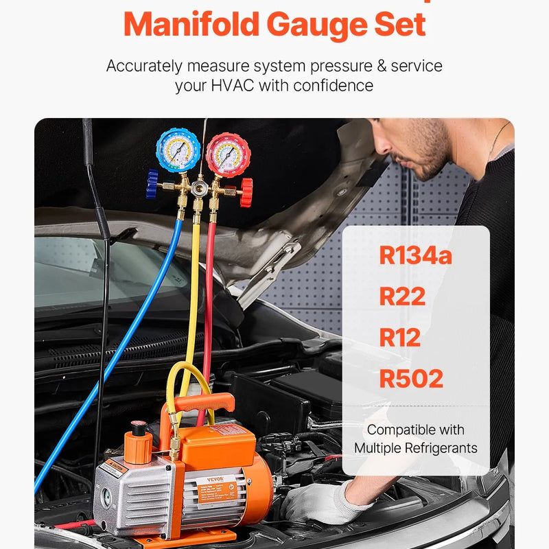 VEVOR vakuumsūknis 217 l/min ar manometru komplektu, vienpakāpes rotācijas lāpstiņu HVAC vakuumsūknis ar šļūtenēm, gaisa kondicionēšanas un dzesēšanas sistēmām R134a, R12, R22 un R502a apkopei