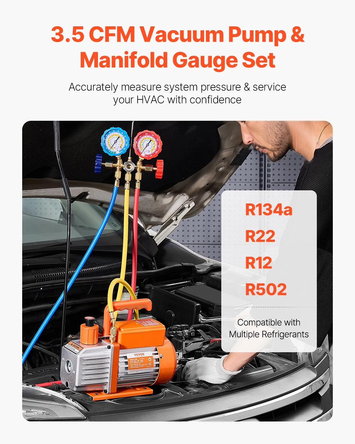 VEVOR Vacuum Pump 217 l/min with Gauge Kit, Single-Stage Rotary Vane HVAC Vacuum Pump with Hoses for Air Conditioning and Refrigeration Systems R134a, R12, R22 and R502a Maintenance