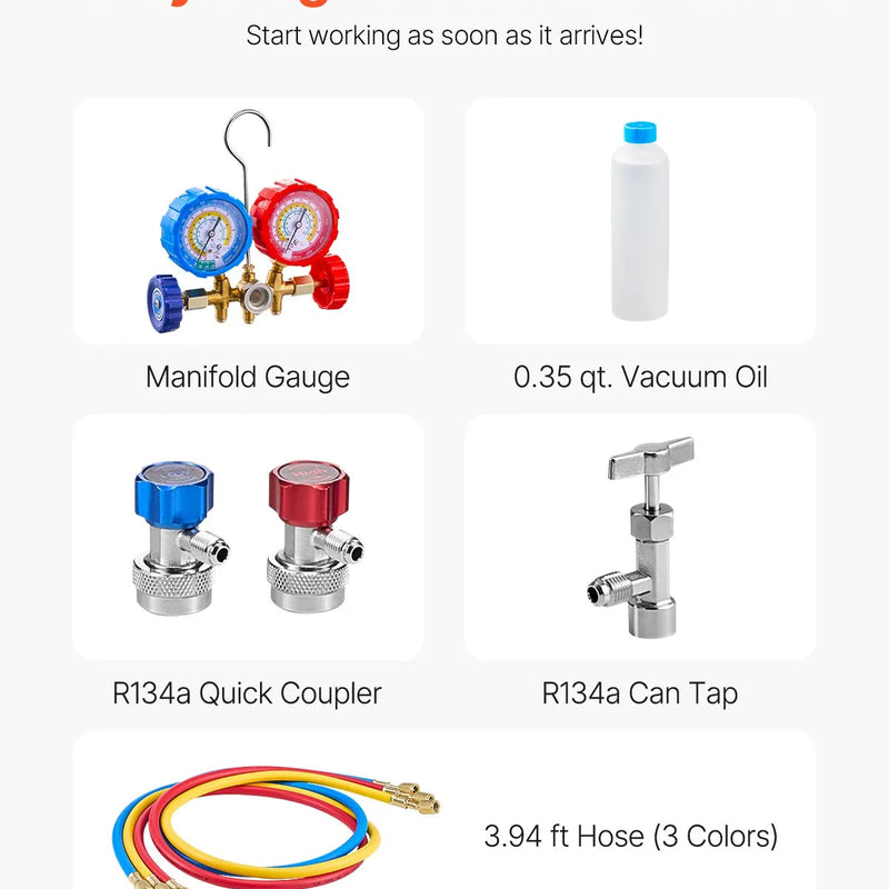 VEVOR vakuumsūknis 217 l/min ar manometru komplektu, vienpakāpes rotācijas lāpstiņu HVAC vakuumsūknis ar šļūtenēm, gaisa kondicionēšanas un dzesēšanas sistēmām R134a, R12, R22 un R502a apkopei