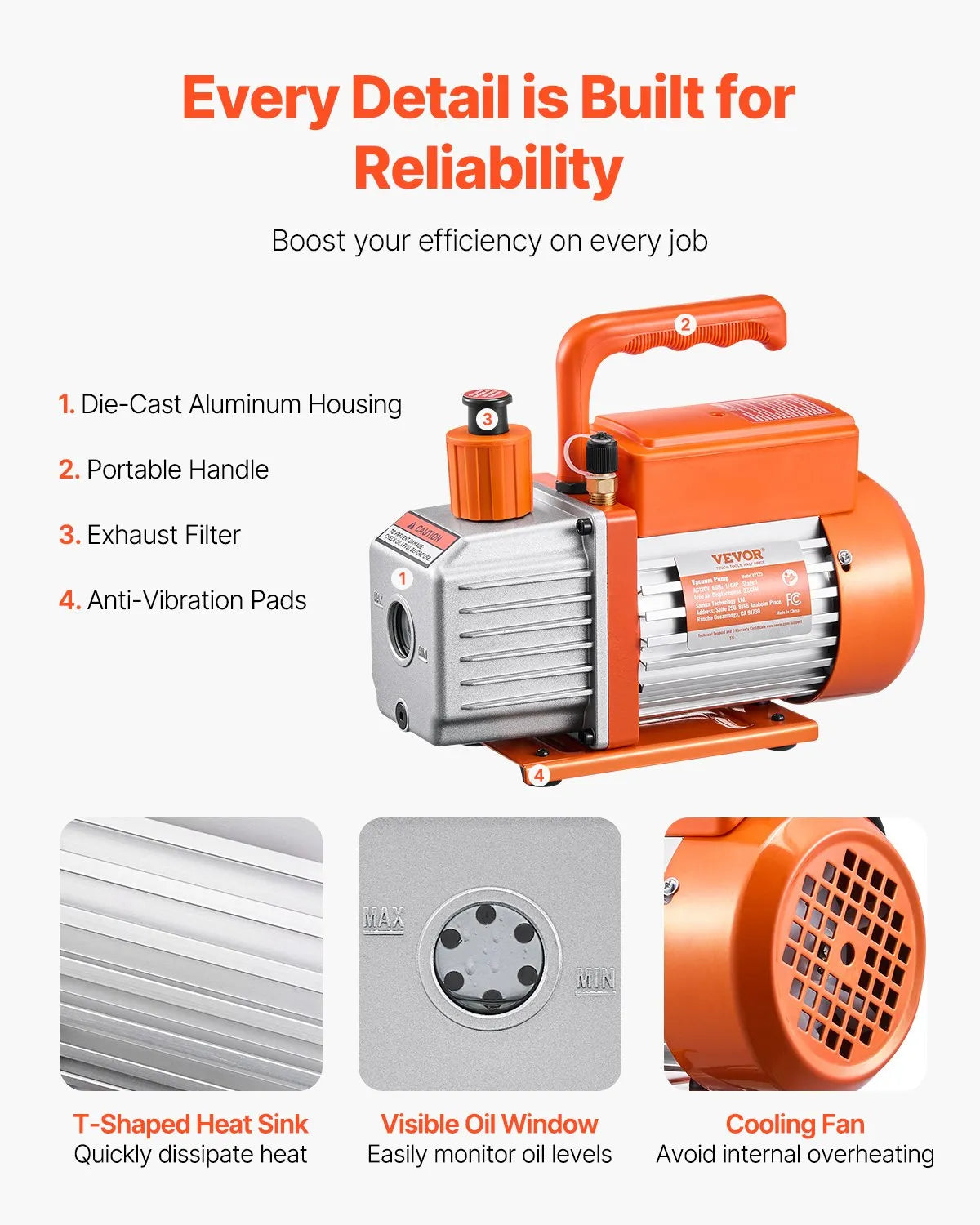 VEVOR Vacuum Pump 217 l/min with Gauge Kit, Single-Stage Rotary Vane HVAC Vacuum Pump with Hoses for Air Conditioning and Refrigeration Systems R134a, R12, R22 and R502a Maintenance