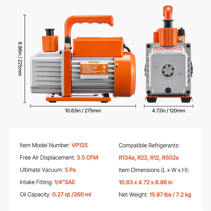 VEVOR vakuumsūknis 217 l/min ar manometru komplektu, vienpakāpes rotācijas lāpstiņu HVAC vakuumsūknis ar šļūtenēm, gaisa kondicionēšanas un dzesēšanas sistēmām R134a, R12, R22 un R502a apkopei