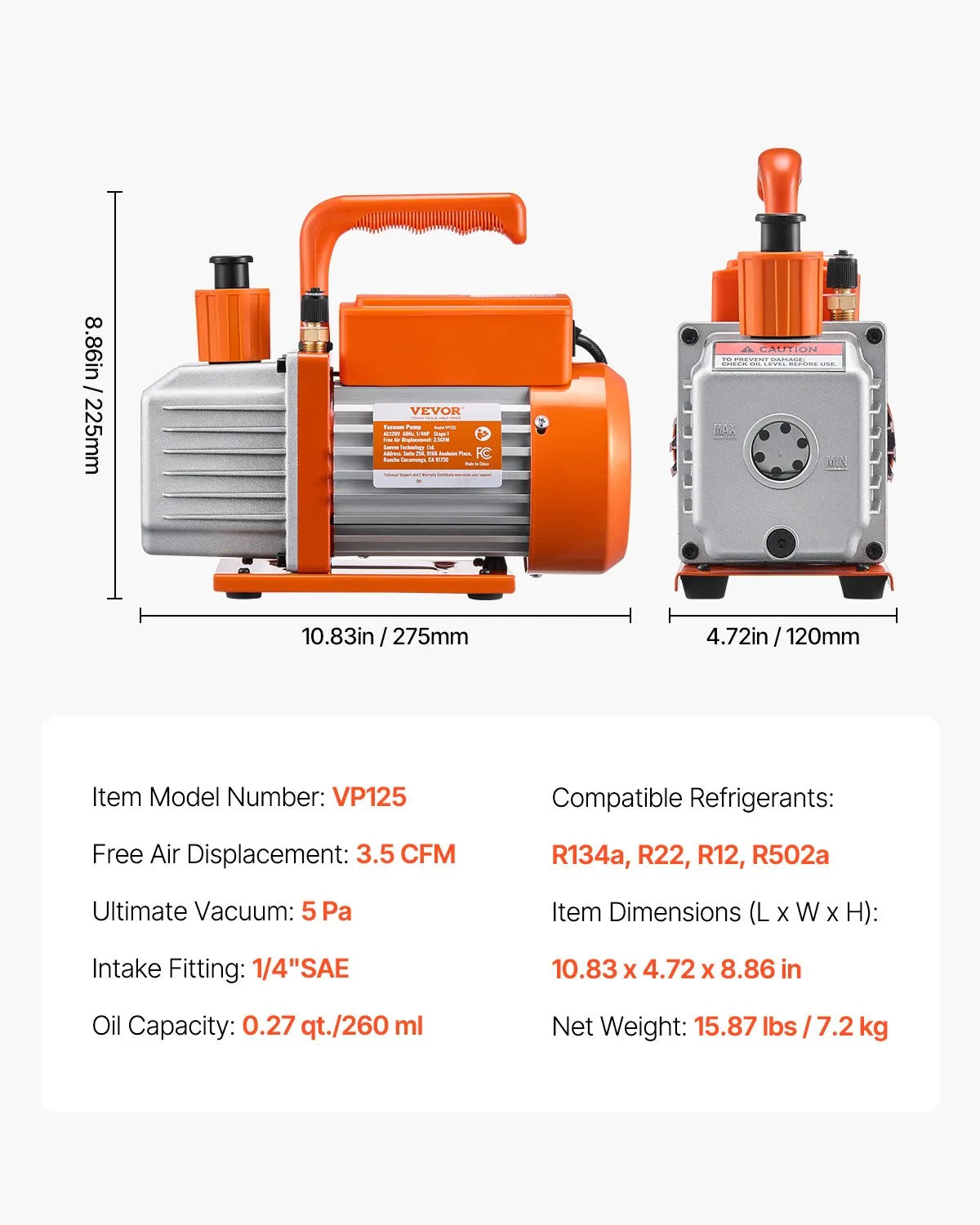 VEVOR Vacuum Pump 217 l/min with Gauge Kit, Single-Stage Rotary Vane HVAC Vacuum Pump with Hoses for Air Conditioning and Refrigeration Systems R134a, R12, R22 and R502a Maintenance