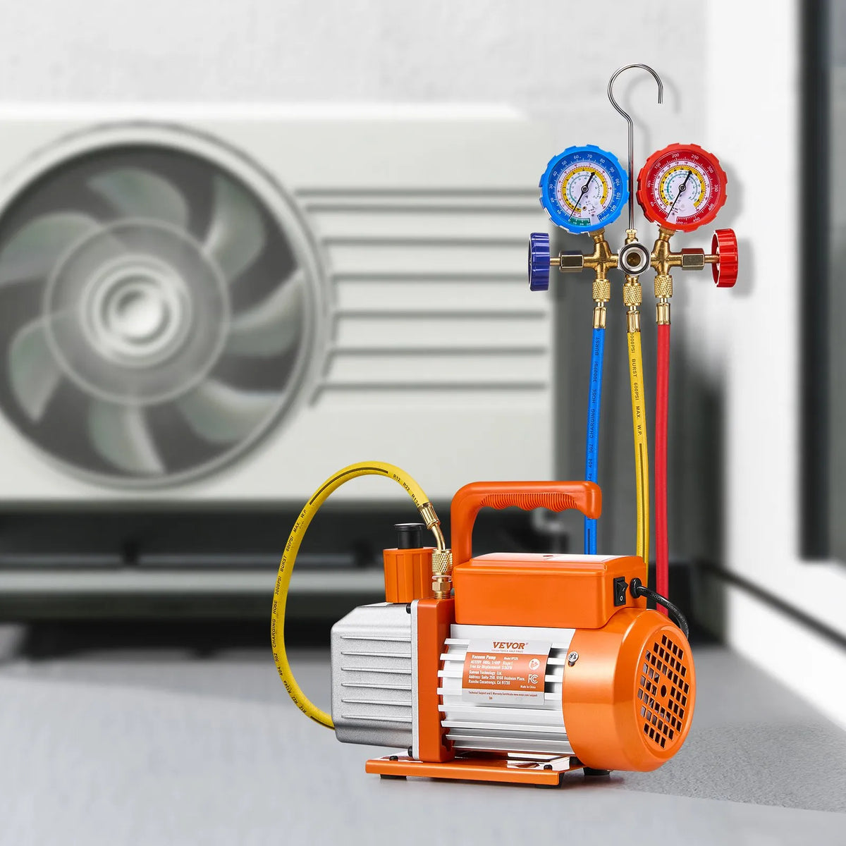 VEVOR Vacuum Pump 217 l/min with Gauge Kit, Single-Stage Rotary Vane HVAC Vacuum Pump with Hoses for Air Conditioning and Refrigeration Systems R134a, R12, R22 and R502a Maintenance