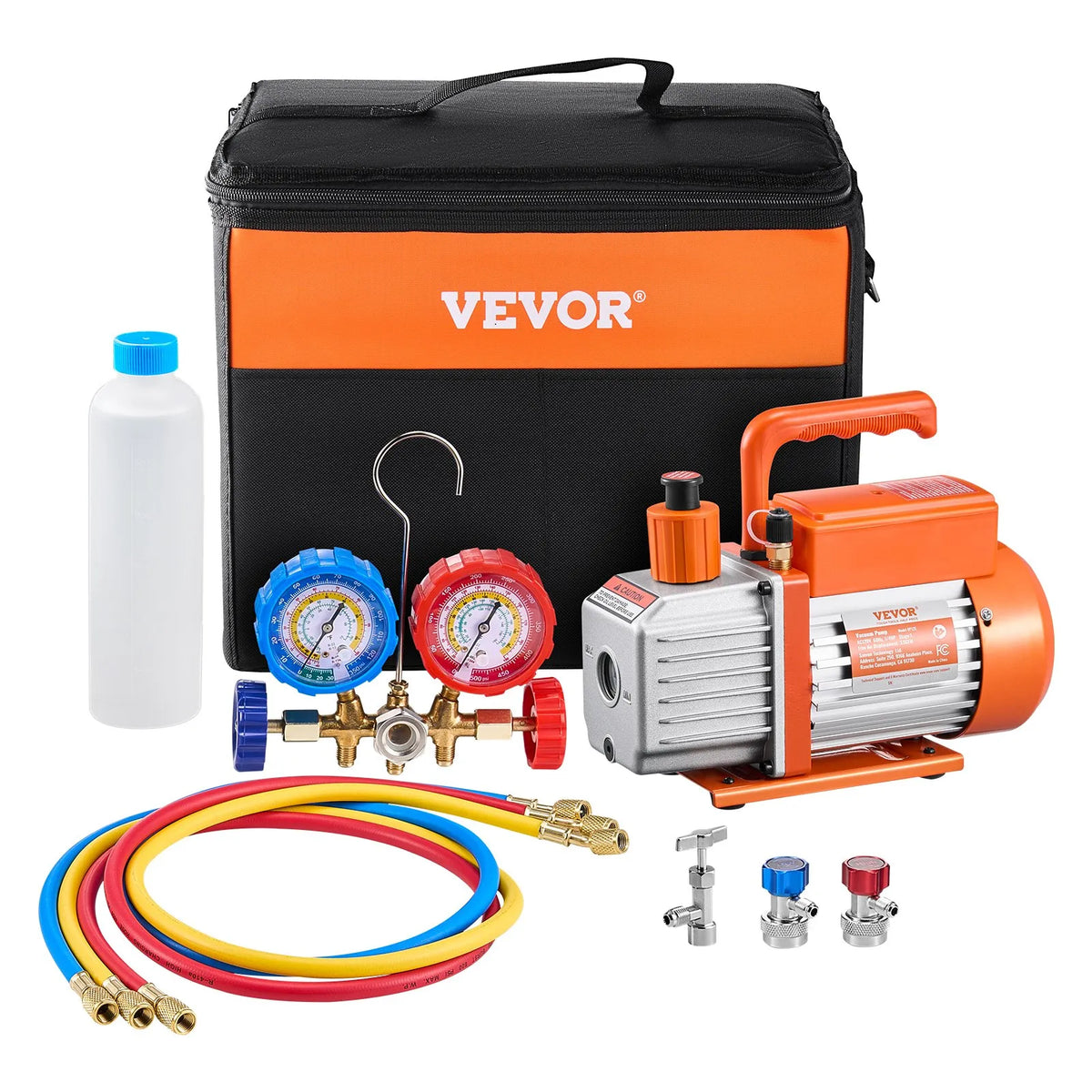 VEVOR Vacuum Pump 217 l/min with Gauge Kit, Single-Stage Rotary Vane HVAC Vacuum Pump with Hoses for Air Conditioning and Refrigeration Systems R134a, R12, R22 and R502a Maintenance