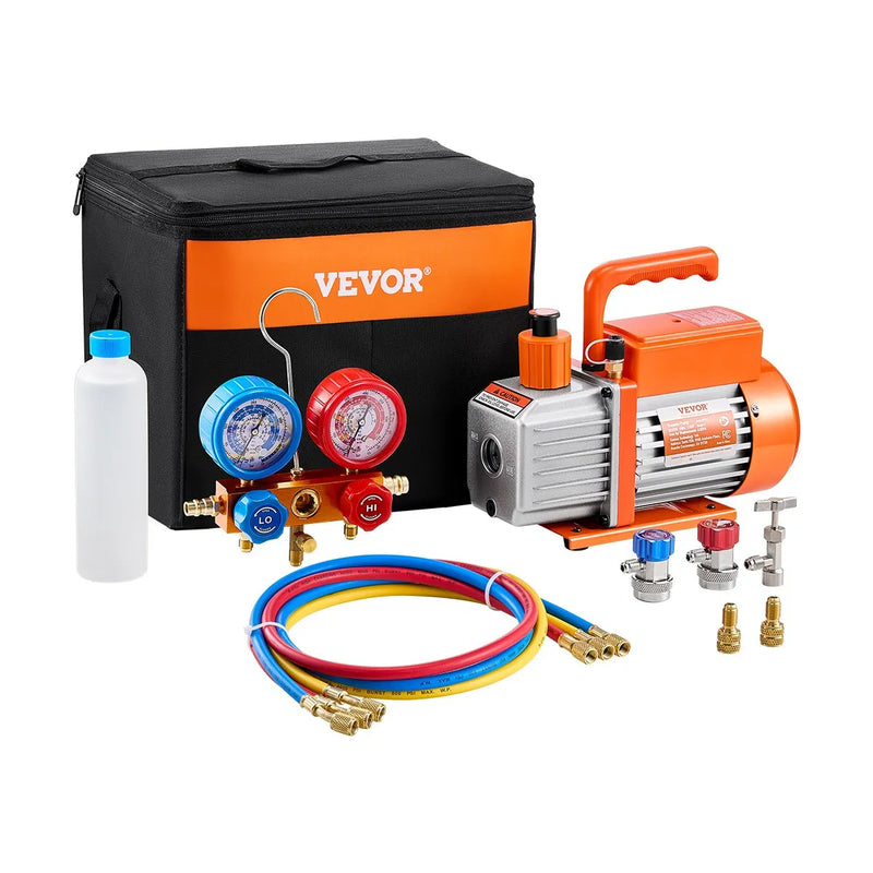 VEVOR vienpakāpes HVAC vakuuma sūknis ar manometru komplektu 217 l/min, rotācijas lāpstiņu konstrukcija, ar šļūtenēm, piemērots R134a, R12, R22, R502a, R410A, R404, R407C aukstuma aģentiem