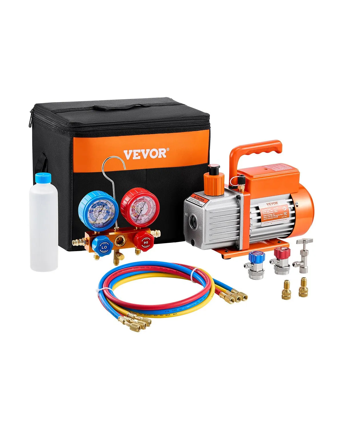 VEVOR Single-Stage HVAC Vacuum Pump with Gauge Kit 217 l/min, Rotary Vane Design, with Hoses, Suitable for R134a, R12, R22, R502a, R410A, R404, R407C Refrigerants