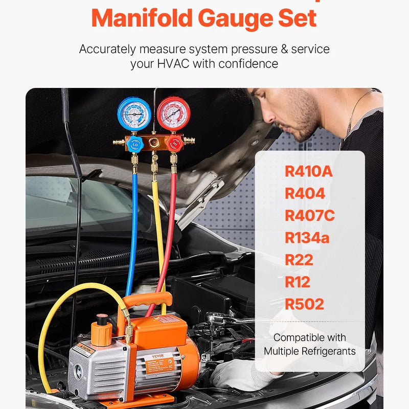 VEVOR vienpakāpes HVAC vakuuma sūknis ar manometru komplektu 217 l/min, rotācijas lāpstiņu konstrukcija, ar šļūtenēm, piemērots R134a, R12, R22, R502a, R410A, R404, R407C aukstuma aģentiem