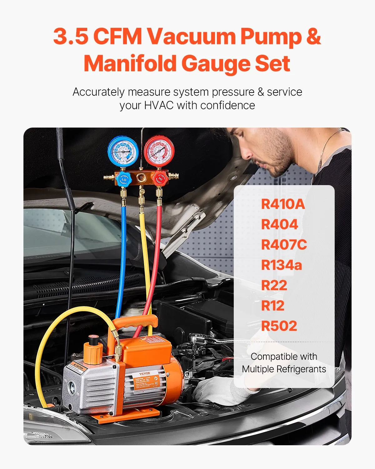 VEVOR Single-Stage HVAC Vacuum Pump with Gauge Kit 217 l/min, Rotary Vane Design, with Hoses, Suitable for R134a, R12, R22, R502a, R410A, R404, R407C Refrigerants