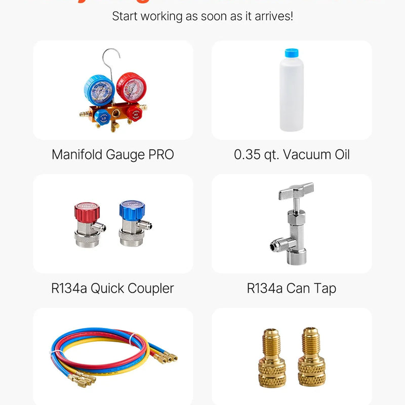 VEVOR vienpakāpes HVAC vakuuma sūknis ar manometru komplektu 217 l/min, rotācijas lāpstiņu konstrukcija, ar šļūtenēm, piemērots R134a, R12, R22, R502a, R410A, R404, R407C aukstuma aģentiem