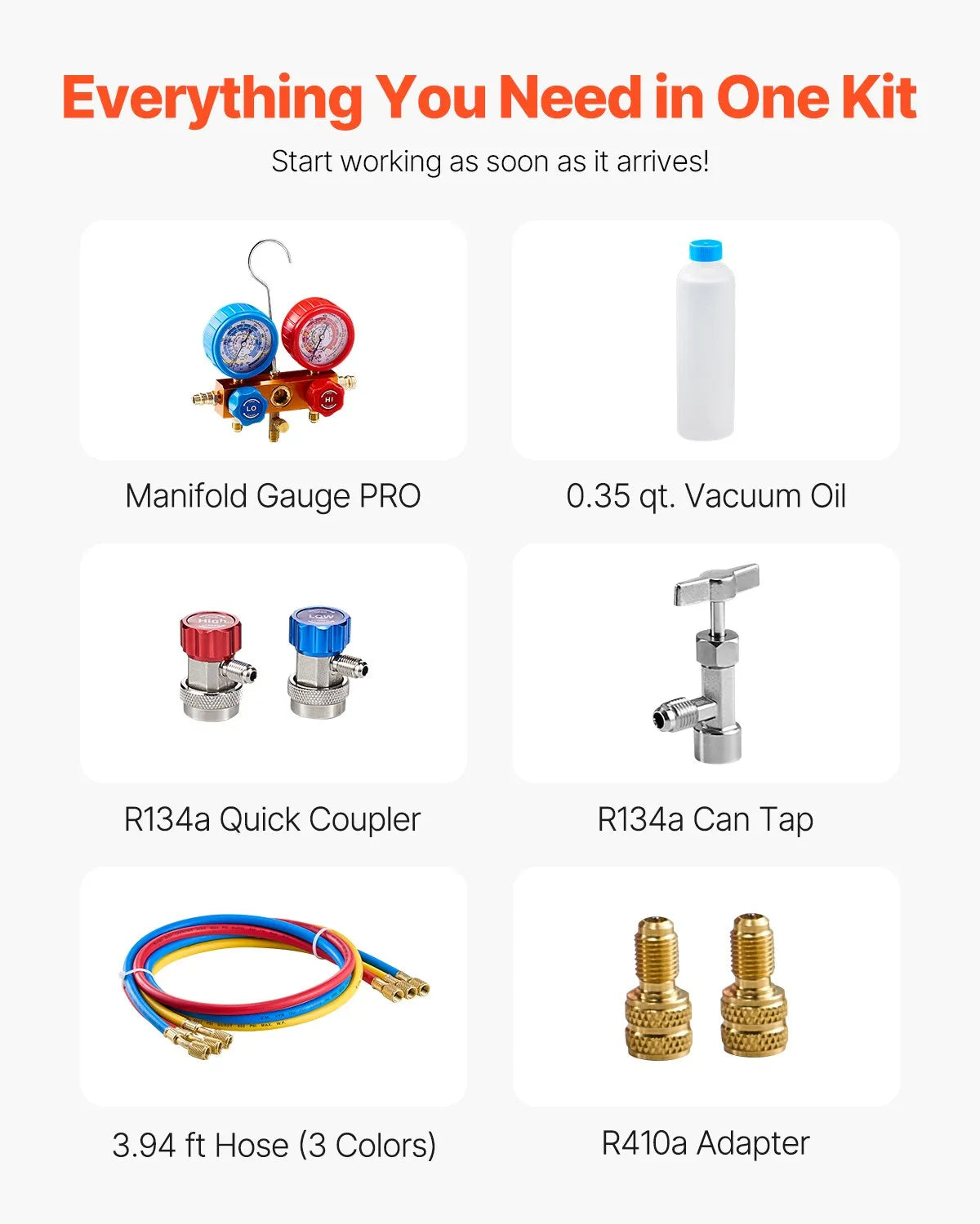 VEVOR Single-Stage HVAC Vacuum Pump with Gauge Kit 217 l/min, Rotary Vane Design, with Hoses, Suitable for R134a, R12, R22, R502a, R410A, R404, R407C Refrigerants
