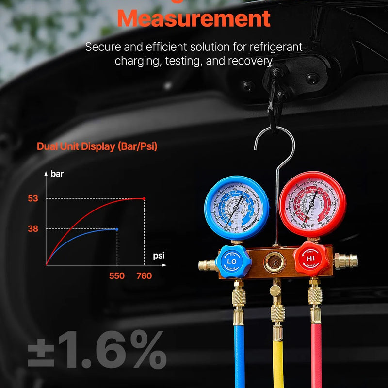 VEVOR vienpakāpes HVAC vakuuma sūknis ar manometru komplektu 217 l/min, rotācijas lāpstiņu konstrukcija, ar šļūtenēm, piemērots R134a, R12, R22, R502a, R410A, R404, R407C aukstuma aģentiem