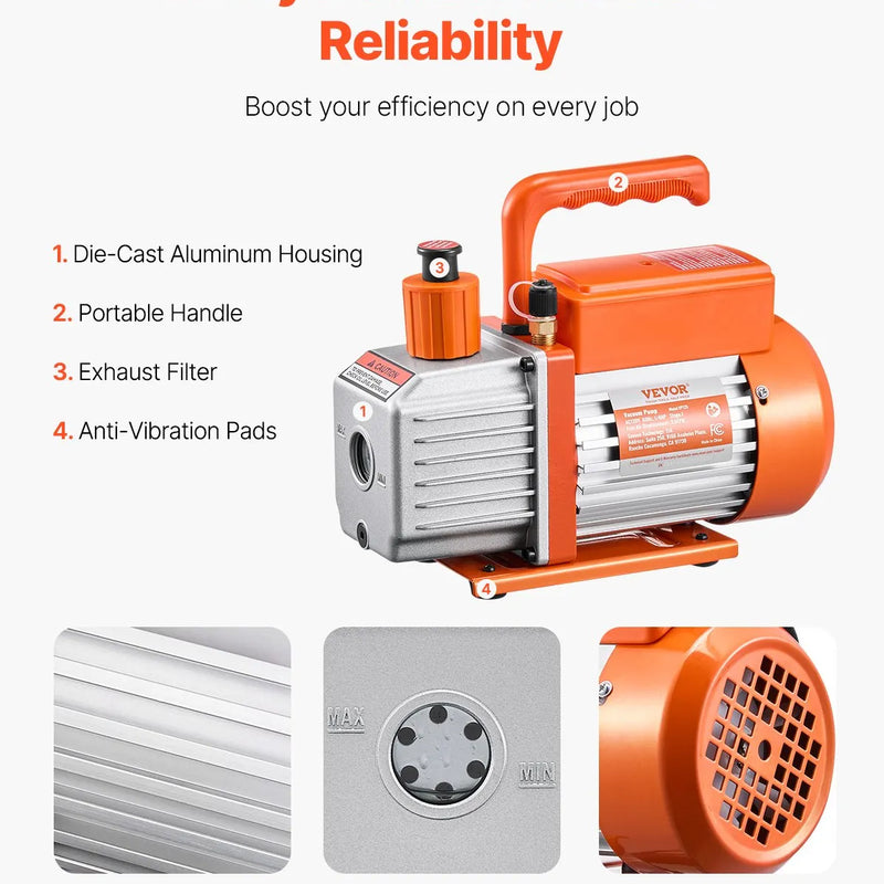 VEVOR vienpakāpes HVAC vakuuma sūknis ar manometru komplektu 217 l/min, rotācijas lāpstiņu konstrukcija, ar šļūtenēm, piemērots R134a, R12, R22, R502a, R410A, R404, R407C aukstuma aģentiem