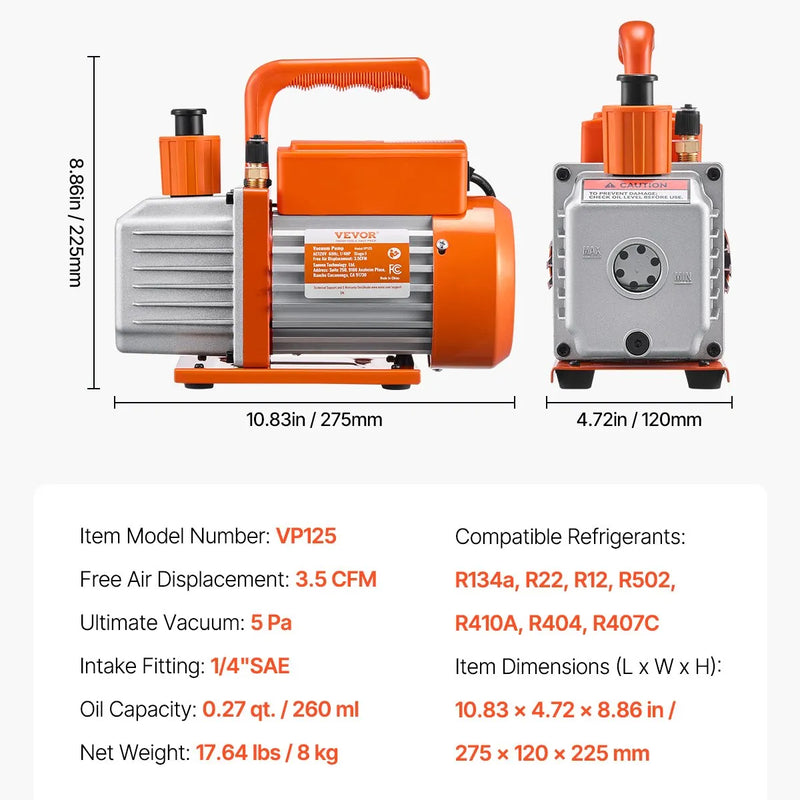 VEVOR vienpakāpes HVAC vakuuma sūknis ar manometru komplektu 217 l/min, rotācijas lāpstiņu konstrukcija, ar šļūtenēm, piemērots R134a, R12, R22, R502a, R410A, R404, R407C aukstuma aģentiem