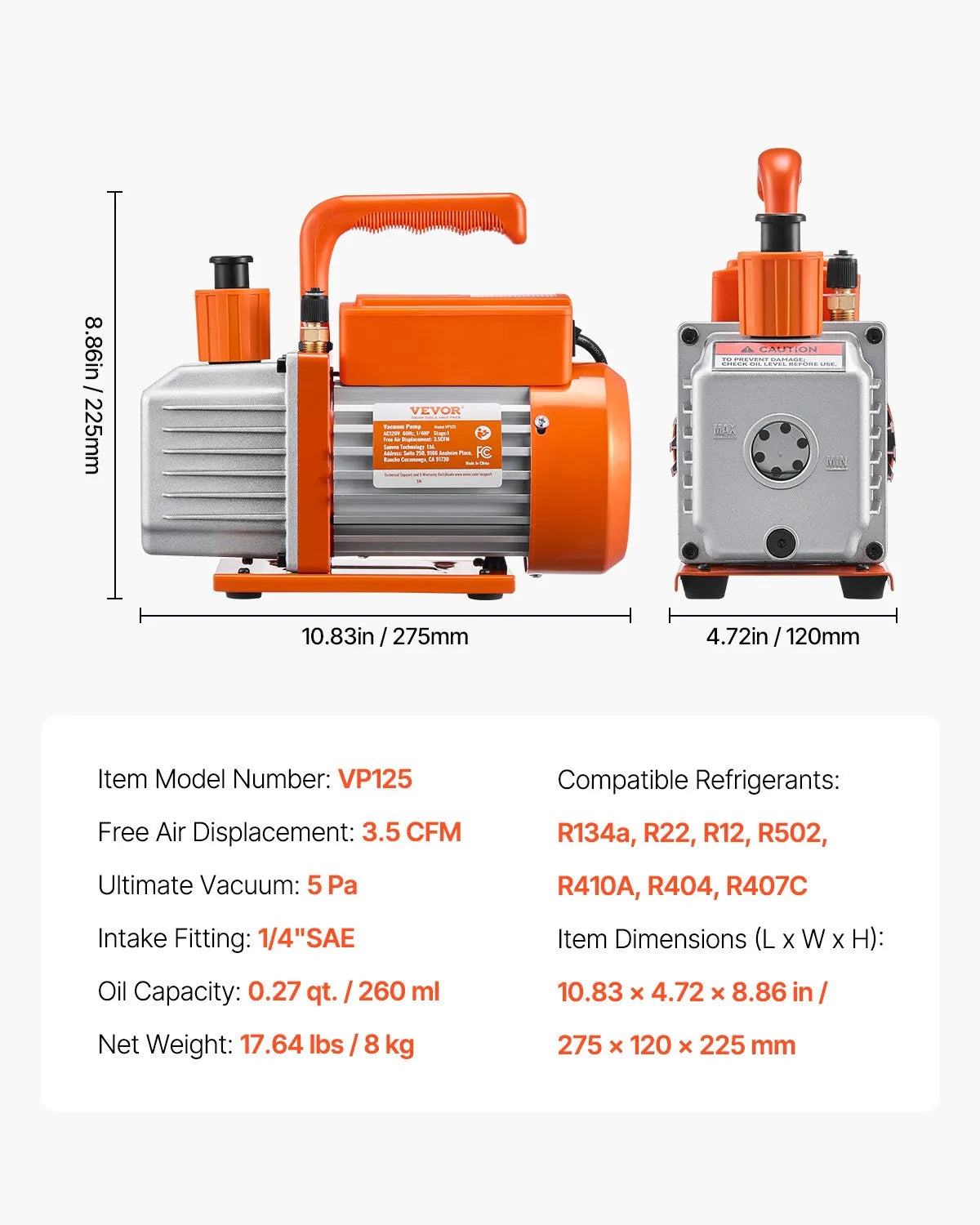 VEVOR Single-Stage HVAC Vacuum Pump with Gauge Kit 217 l/min, Rotary Vane Design, with Hoses, Suitable for R134a, R12, R22, R502a, R410A, R404, R407C Refrigerants