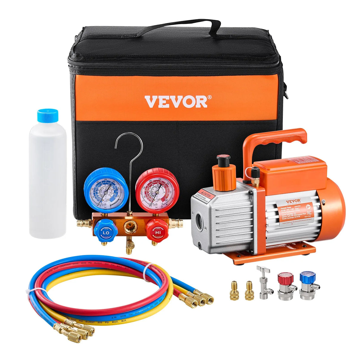 VEVOR Single-Stage HVAC Vacuum Pump with Gauge Kit 217 l/min, Rotary Vane Design, with Hoses, Suitable for R134a, R12, R22, R502a, R410A, R404, R407C Refrigerants
