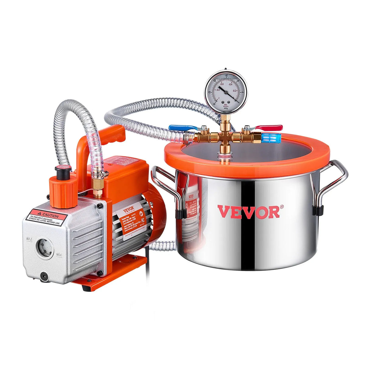 VEVOR Vacuum Chamber 5.7 L with Single-Stage Vacuum Pump 100 L/min, Stainless Steel Chamber with Acrylic Lid, Includes Oil and 1.5 m Hose, for Resin, Silicone and Epoxy Degassing