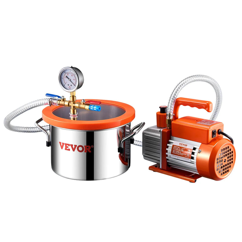 VEVOR vakuuma kamera 5,7 l ar vienpakāpes vakuuma sūkni 100 l/min, nerūsējošā tērauda kamera ar akrila vāku, ar eļļu un 1,5 m šļūteni, paredzēta sveķu, silikonu un epoksīdu degazācijai