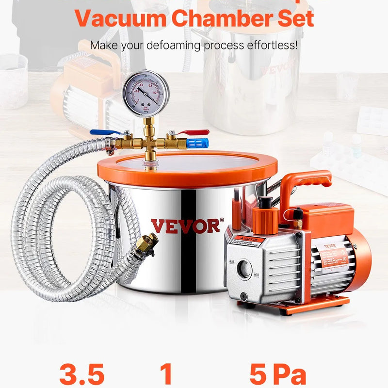 VEVOR vakuuma kamera 5,7 l ar vienpakāpes vakuuma sūkni 100 l/min, nerūsējošā tērauda kamera ar akrila vāku, ar eļļu un 1,5 m šļūteni, paredzēta sveķu, silikonu un epoksīdu degazācijai