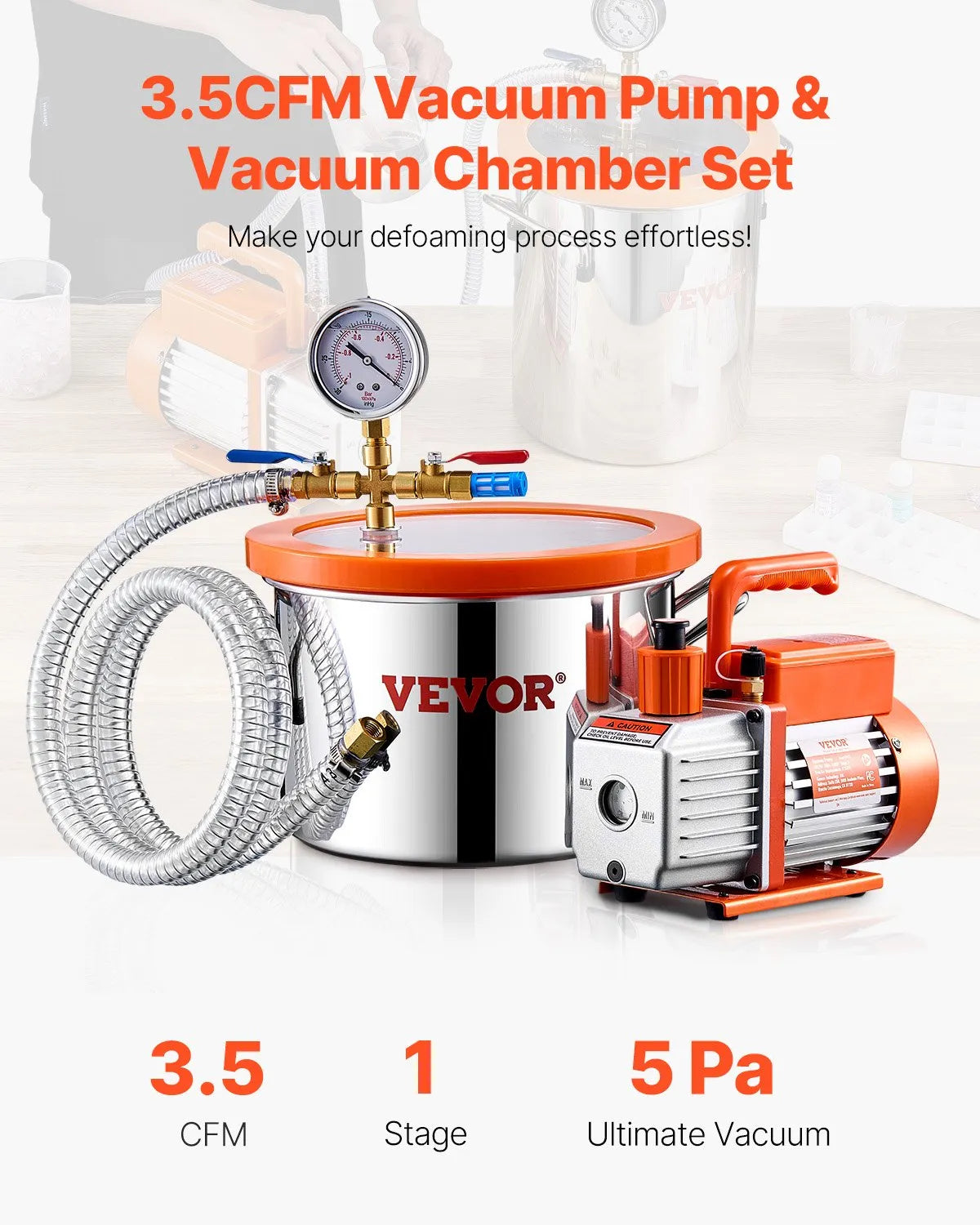 VEVOR Vacuum Chamber 5.7 L with Single-Stage Vacuum Pump 100 L/min, Stainless Steel Chamber with Acrylic Lid, Includes Oil and 1.5 m Hose, for Resin, Silicone and Epoxy Degassing