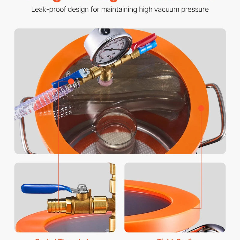 VEVOR vakuuma kamera 5,7 l ar vienpakāpes vakuuma sūkni 100 l/min, nerūsējošā tērauda kamera ar akrila vāku, ar eļļu un 1,5 m šļūteni, paredzēta sveķu, silikonu un epoksīdu degazācijai
