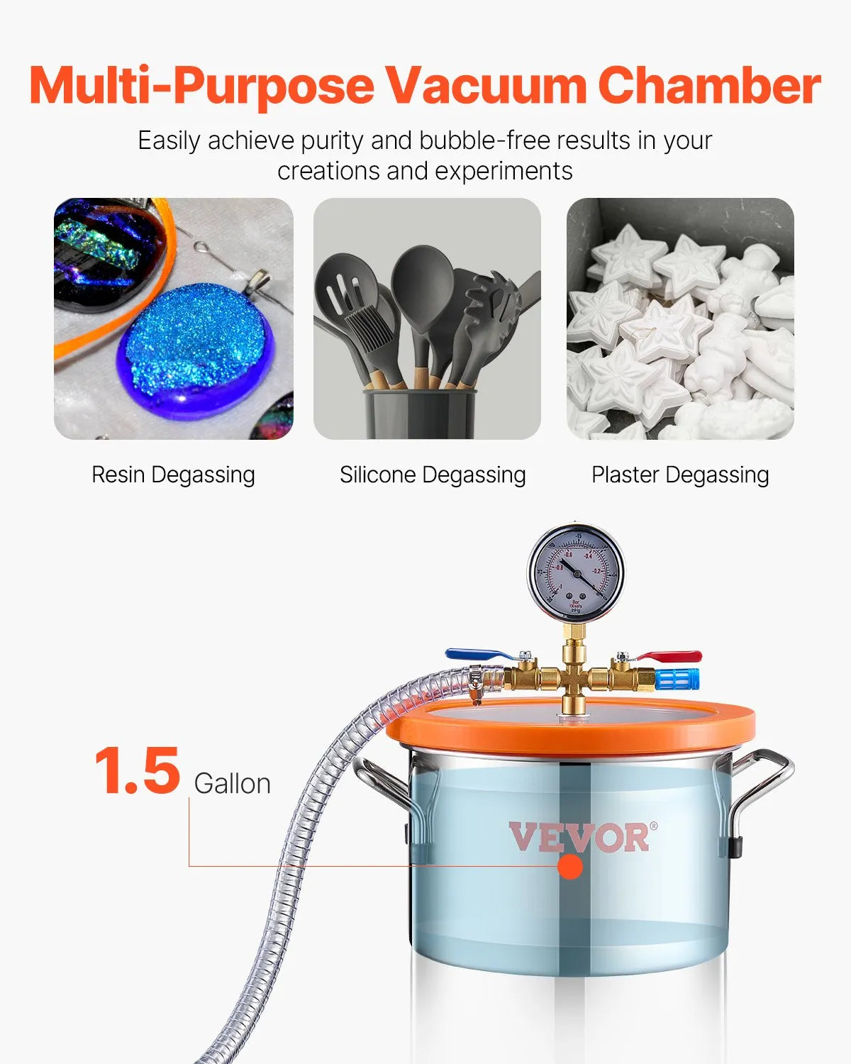 VEVOR Vacuum Chamber 5.7 L with Single-Stage Vacuum Pump 100 L/min, Stainless Steel Chamber with Acrylic Lid, Includes Oil and 1.5 m Hose, for Resin, Silicone and Epoxy Degassing