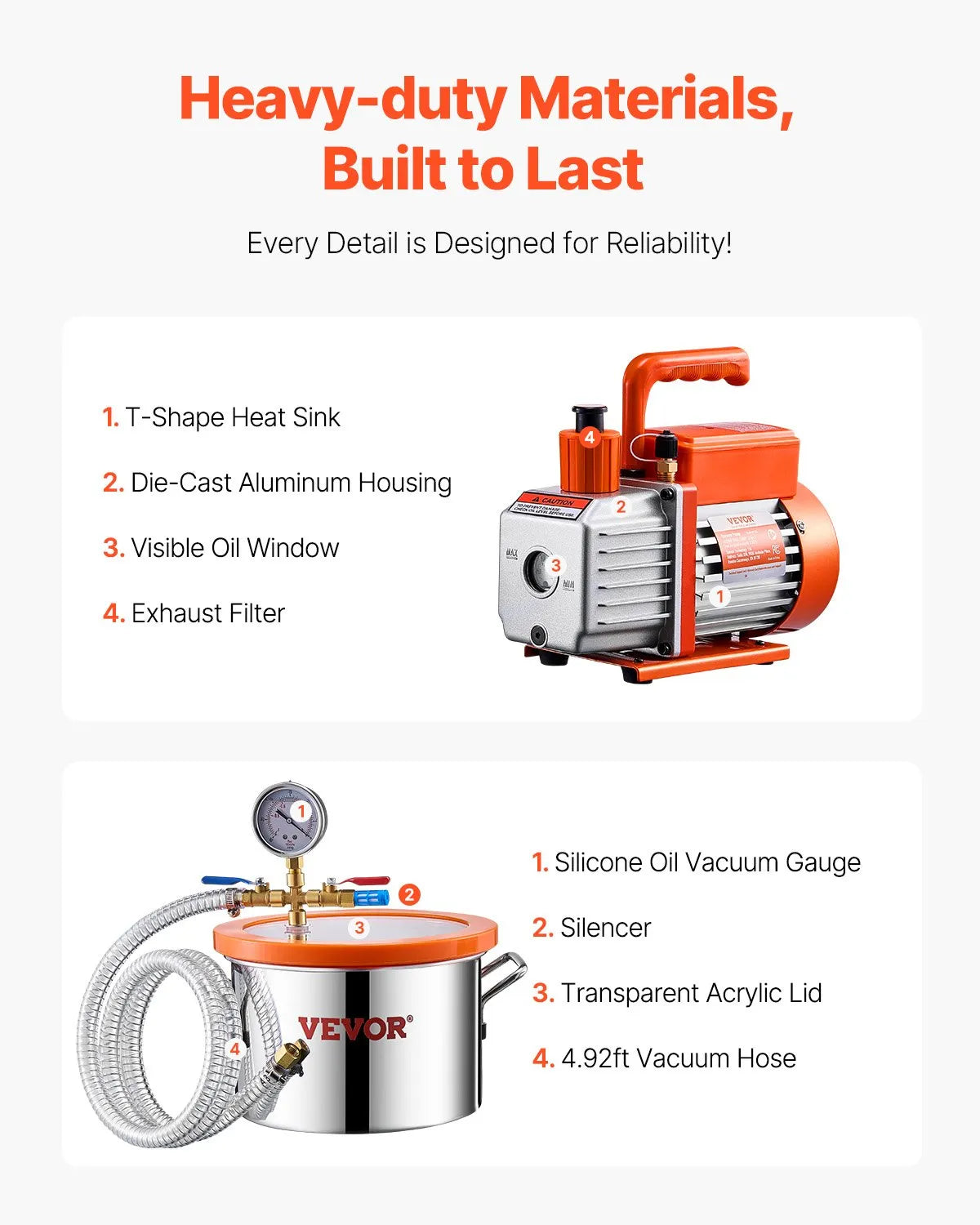 VEVOR Vacuum Chamber 5.7 L with Single-Stage Vacuum Pump 100 L/min, Stainless Steel Chamber with Acrylic Lid, Includes Oil and 1.5 m Hose, for Resin, Silicone and Epoxy Degassing