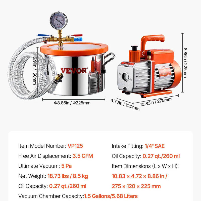 VEVOR vakuuma kamera 5,7 l ar vienpakāpes vakuuma sūkni 100 l/min, nerūsējošā tērauda kamera ar akrila vāku, ar eļļu un 1,5 m šļūteni, paredzēta sveķu, silikonu un epoksīdu degazācijai
