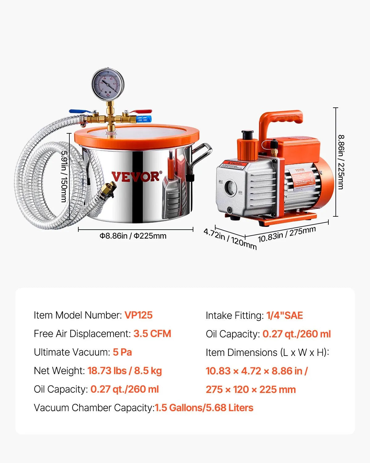 VEVOR Vacuum Chamber 5.7 L with Single-Stage Vacuum Pump 100 L/min, Stainless Steel Chamber with Acrylic Lid, Includes Oil and 1.5 m Hose, for Resin, Silicone and Epoxy Degassing
