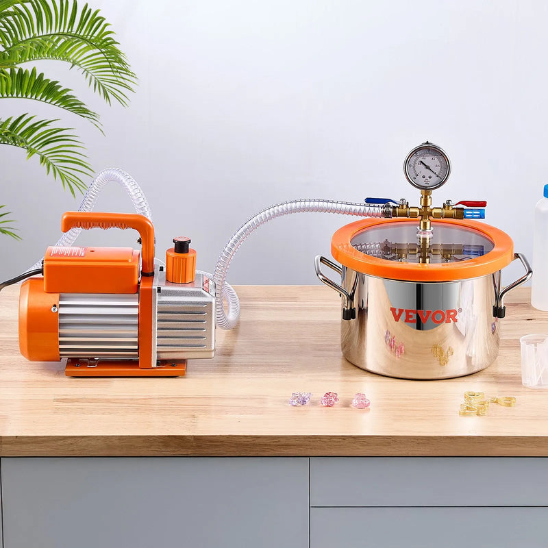 VEVOR vakuuma kamera 5,7 l ar vienpakāpes vakuuma sūkni 100 l/min, nerūsējošā tērauda kamera ar akrila vāku, ar eļļu un 1,5 m šļūteni, paredzēta sveķu, silikonu un epoksīdu degazācijai