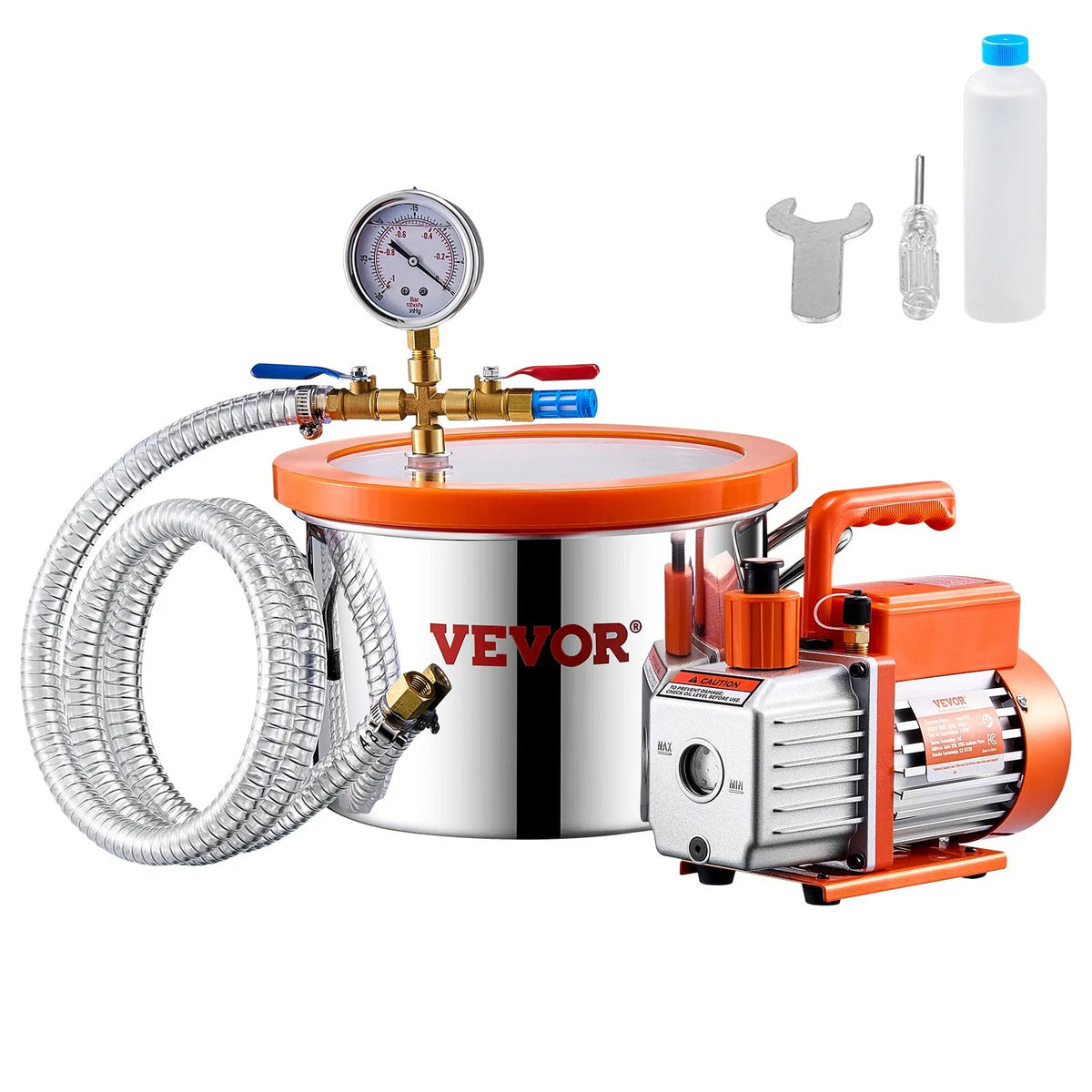 VEVOR Vacuum Chamber 5.7 L with Single-Stage Vacuum Pump 100 L/min, Stainless Steel Chamber with Acrylic Lid, Includes Oil and 1.5 m Hose, for Resin, Silicone and Epoxy Degassing