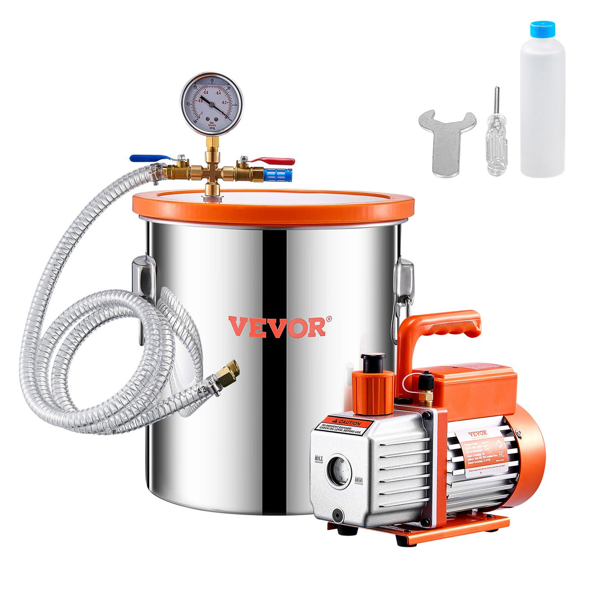 VEVOR Vacuum Chamber 19 L with Single-Stage Vacuum Pump 100 L/min, Stainless Steel Chamber with Acrylic Lid, Includes Oil and 1.5 m Hose, for Resin, Silicone and Epoxy Degassing