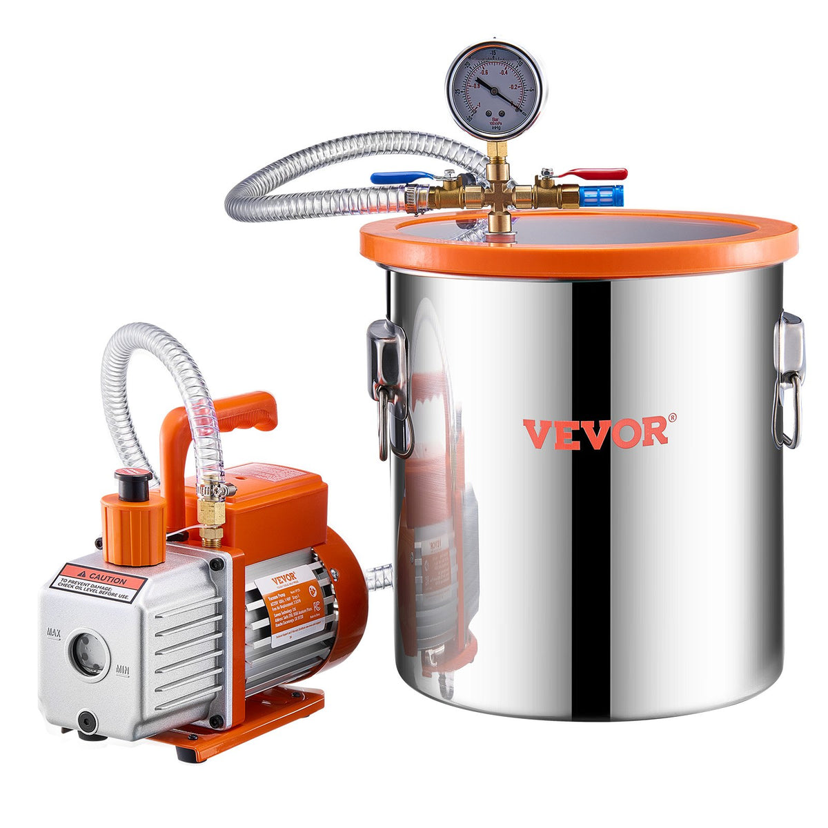 VEVOR Vacuum Chamber 19 L with Single-Stage Vacuum Pump 100 L/min, Stainless Steel Chamber with Acrylic Lid, Includes Oil and 1.5 m Hose, for Resin, Silicone and Epoxy Degassing