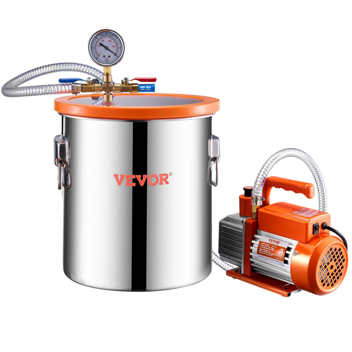 VEVOR Vacuum Chamber 19 L with Single-Stage Vacuum Pump 100 L/min, Stainless Steel Chamber with Acrylic Lid, Includes Oil and 1.5 m Hose, for Resin, Silicone and Epoxy Degassing