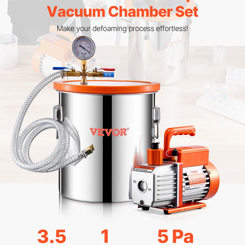VEVOR vakuuma kamera 19 l ar vienpakāpes vakuuma sūkni 100 l/min, nerūsējošā tērauda kamera ar akrila vāku, ar eļļu un 1,5 m šļūteni, paredzēta sveķu, silikonu un epoksīdu degazācijai