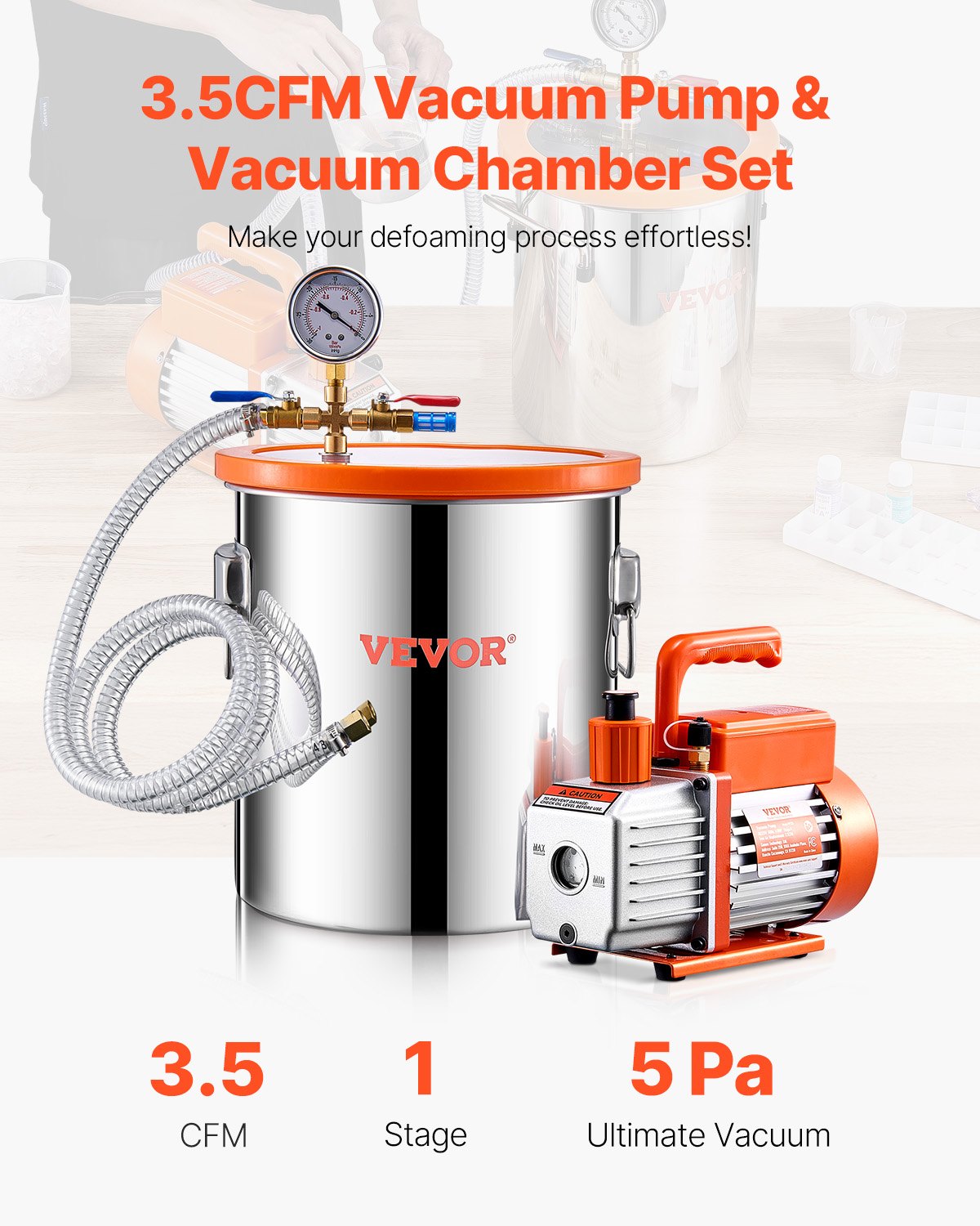 VEVOR Vacuum Chamber 19 L with Single-Stage Vacuum Pump 100 L/min, Stainless Steel Chamber with Acrylic Lid, Includes Oil and 1.5 m Hose, for Resin, Silicone and Epoxy Degassing
